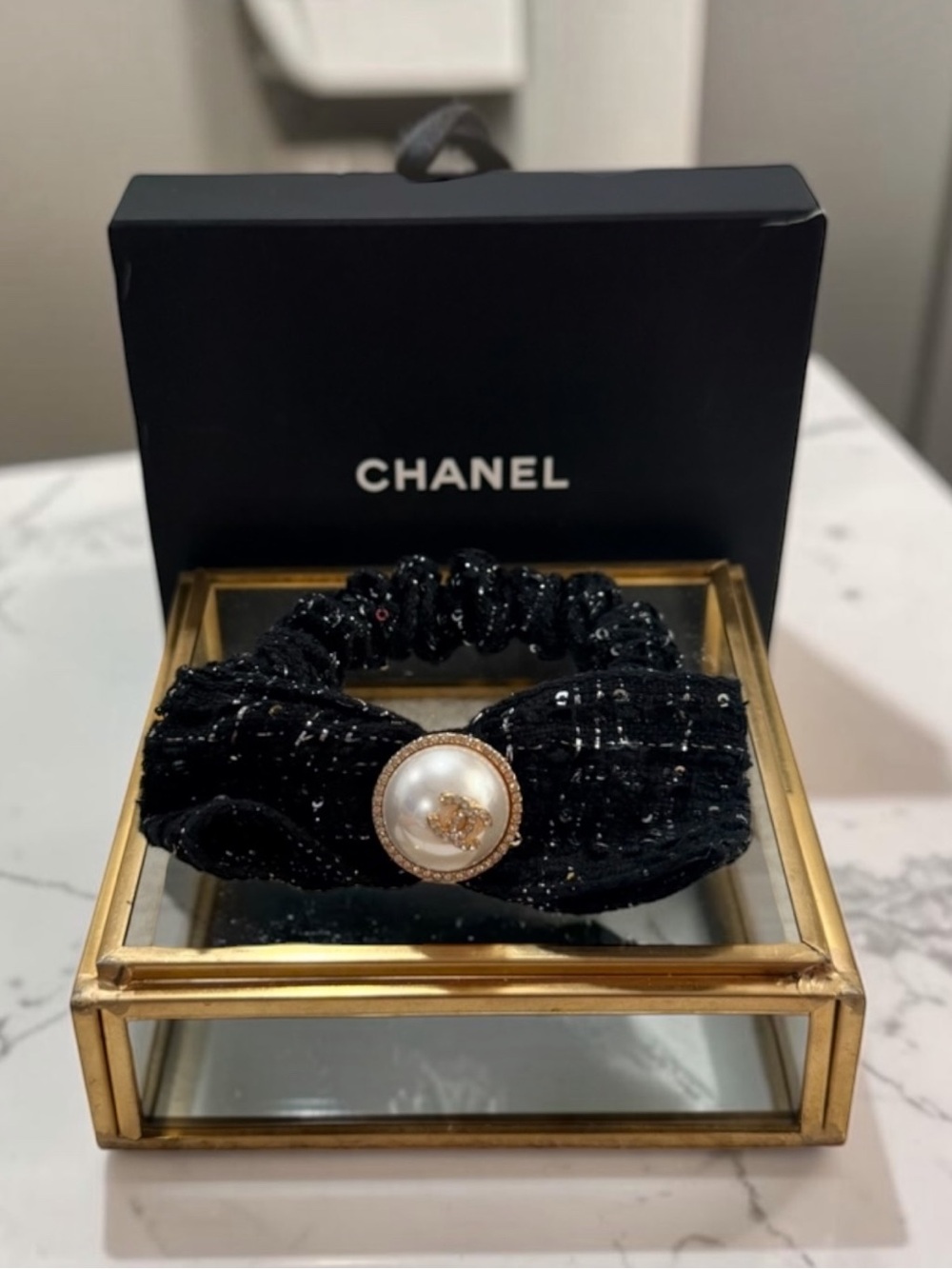 Black Tweed Bow Scrunchie Hair Tie Pearl Gold Floral Center Elegant | NEW in BOX